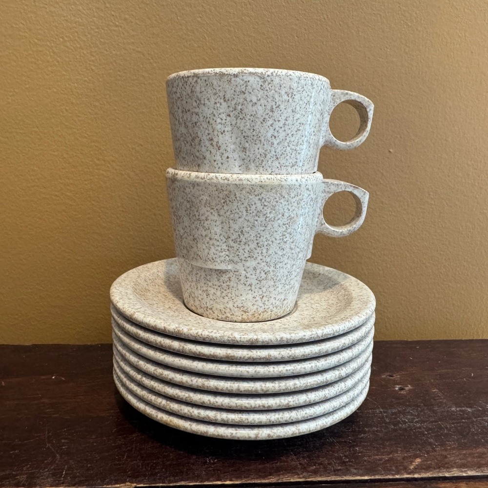 Dallas Ware Speckled Cream Cups and Saucers Set 7 Saucers 2 Cups‎ Retro MCM
